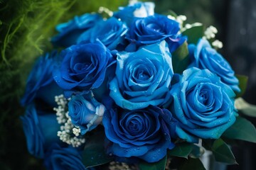 Stunningly detailed and beautiful blue rose bouquet against a vibrant garden background. Generative AI