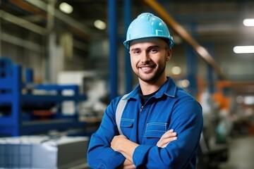 Young male muscular factory worker, wearing a blue hard hat, smiling at the camera, standing in a factory, 