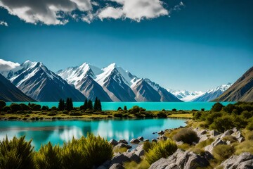 Naklejka premium lake in the mountains, Beautiful scene of Mt Cook in summer beside the lake with green tree and blue sky. New Zealand stock photo