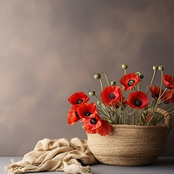 Bouquet of poppies in bascet
