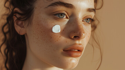 Close-up beauty shot featuring the face of a young brunette woman with a small drop of cream on her skin. Promotional image for a cream emphasizing good skin health. Beige background.