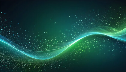 Digital light blue and light green particles wave and light abstract background with shining dots stars. - obrazy, fototapety, plakaty