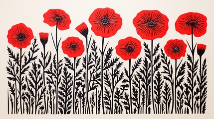 Generative AI, Painted flowers and plants in watercolor and ink linocut style