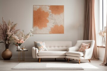 Interior home design of modern living room with white recliner chair and abstract wall hanging paper cut flower poster on white wall