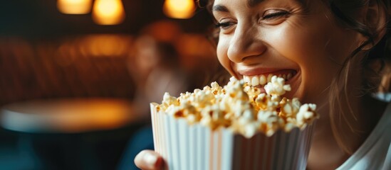 Eternal enjoyment of popcorn. Closeup of happy woman taking popcorn from friend.