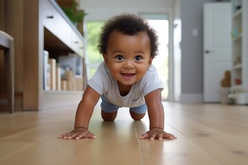 Toddler Crawl. Portrait of cute little african American baby toddler crawl make first steps on home wooden floor. Small biracial newborn infant child learn walking play indoors.  - obrazy, fototapety, plakaty
