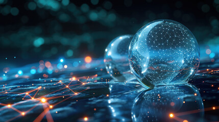 Quantum computing background with illustration of qubit and field force over a sci-fi background. Neural network and machine learning with quantum computer