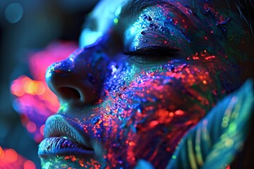 Neon Painted Woman in Enchanted Slumber.
Woman's face adorned with neon paint, eyes closed.