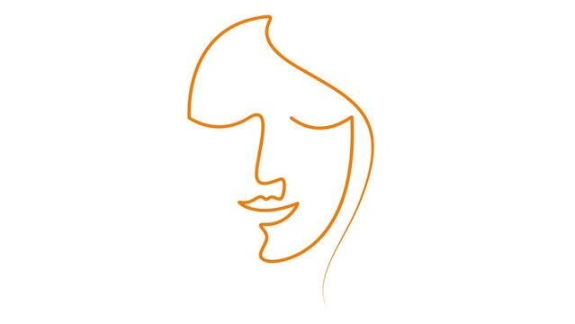 Animated orange linear face of a woman is gradually drawn. Head of beautiful girl from ribbon. Single line. Concept of beauty. Looped video. Vector linear illustration isolated on white background.