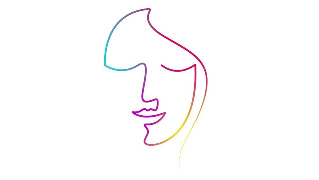 Animated colorful linear face of a woman is gradually drawn. multicolor head of beautiful girl from ribbon. Single line. Concept of beauty. Looped video. Vector linear illustration isolated on white b