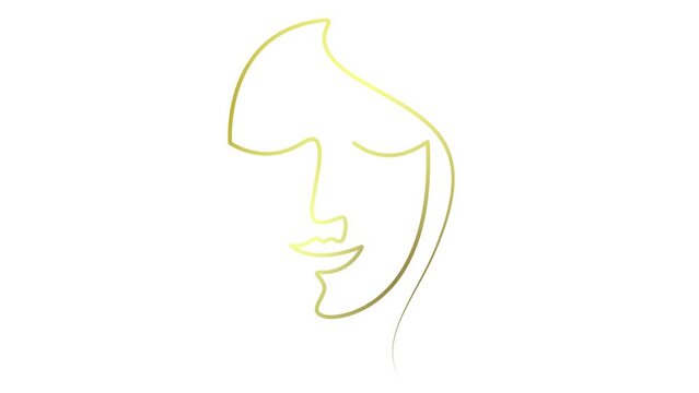 Animated golden linear face of a woman is gradually drawn. Head of beautiful girl from ribbon. Single line. Concept of beauty. Looped video. Vector linear illustration isolated on white background.