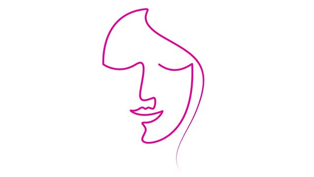 Animated magenta linear face of a woman is gradually drawn. pink head of beautiful girl from ribbon. Single line. Concept of beauty. Looped video. Vector illustration isolated on white background