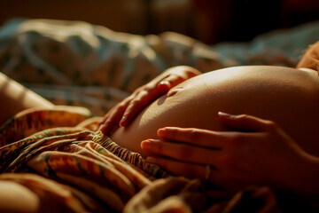 Expectant mother feeling baby kick, anticipating birth at home.
