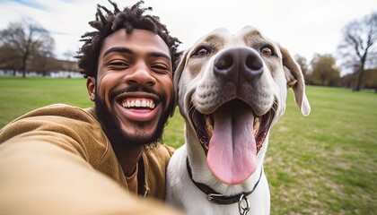 Young happy man taking selfie with his dog in a park , Smiling guy and puppy having fun together outdoor , Friendship and love between humans and animals - obrazy, fototapety, plakaty