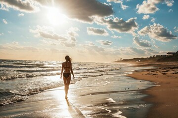 femme de dos seule en maillot de bain sur la plage face au soleil - obrazy, fototapety, plakaty