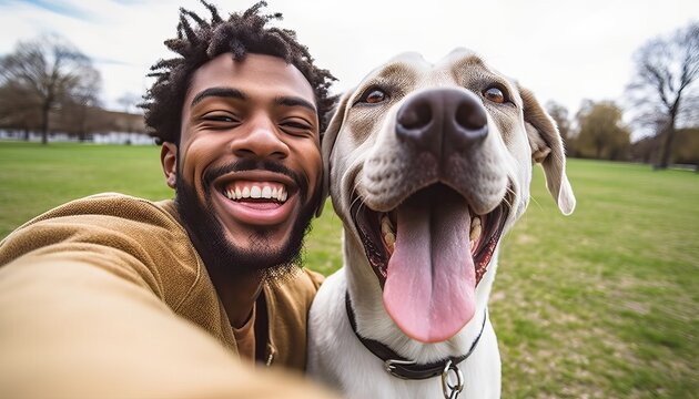 Young happy man taking selfie with his dog in a park , Smiling guy and puppy having fun together outdoor , Friendship and love between humans and animals