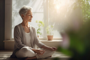 Portrait cute elderly woman in bright home interior. Beautiful well-groomed elderly woman doing yoga and meditation. Concept of healthy lifestyle of elderly women. Close-up. Copy space.