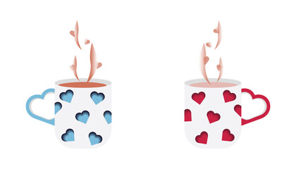 Couple mugs with red and blue hearts in paper cut style. Cups for hot drink. Vector illustration