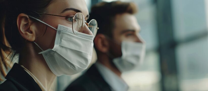 Male and female professionals wearing masks meet, brainstorm, and work together at a safe distance due to COVID-19 pandemic, ensuring protection.