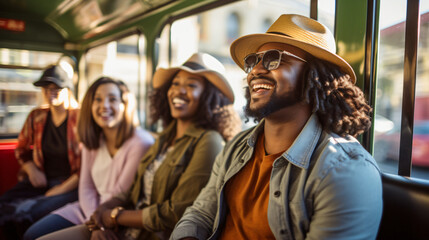 A group of tourists on a city tour bus listening to a knowledgeable guide as they pass by famous landmarks and historic sites. - obrazy, fototapety, plakaty