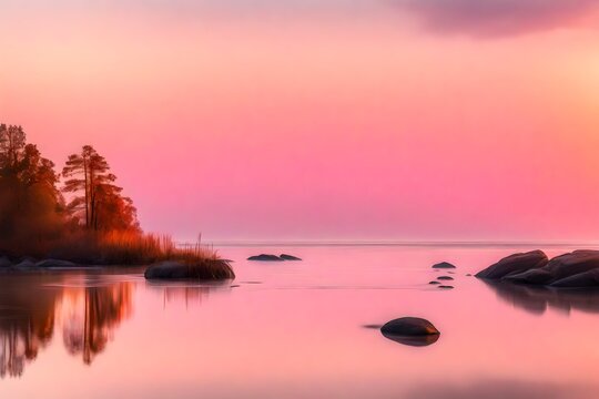 Soft morning light paints the sky and water in hues of pink and gold.