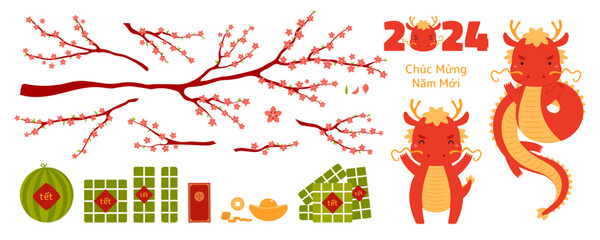 2024 Lunar New Year Tet design elements set, cute dragons, red envelope, rice cakes, watermelon, gold, peach blossoms, Vietnamese text Happy New Year, isolated clipart. Flat vector illustration
