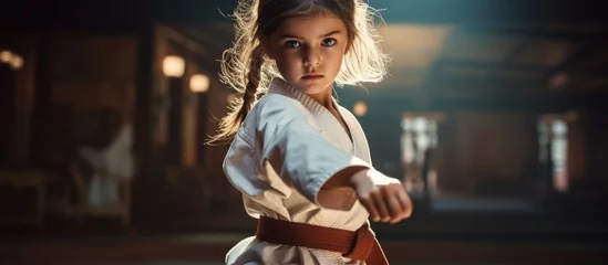 Fototapeten Karate training for girl in kimono - martial arts. © TheWaterMeloonProjec