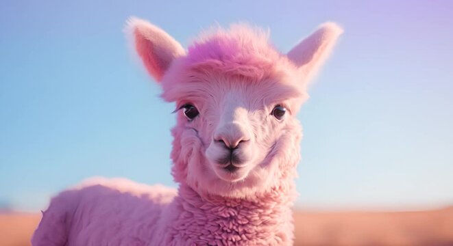 pink alpaca with a bright blue sky background and warm sunlight.