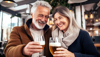 Mature couple having fun drinking beer at cafe bar restaurant , Husband and wife hanging out enjoying happy hour at brewery pub