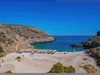 Aerial panoramic view of the famous rocky beach Melidoni in Kythira island at sunset. Amazing...