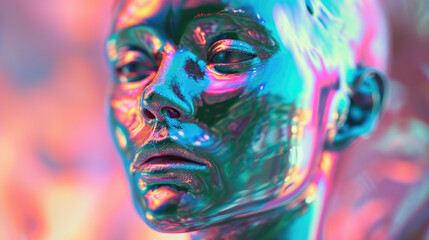 Minimal futuristic mask holographic iridiscent foil, future cyberpunk and alien bionic 