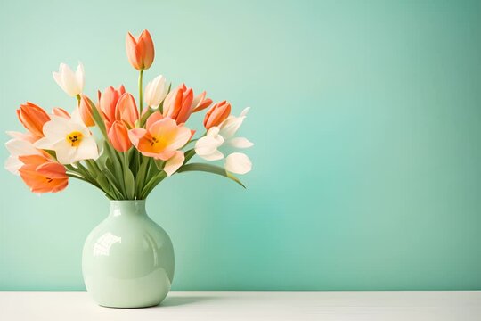 A bright, cheerful vase of orange and white tulips sits against a pale turquoise background. The soft light illuminates the delicate petals, creating a fresh and serene setting.