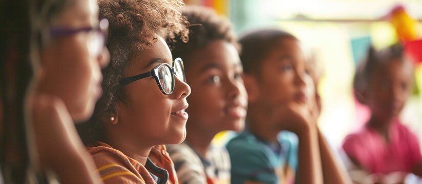 Diverse elementary classroom with attentive teacher and bright students actively learning.
