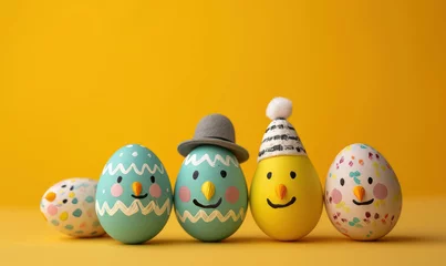 Foto op Canvas colorful easter eggs with cheerful faces ,family on yellow background © Klay
