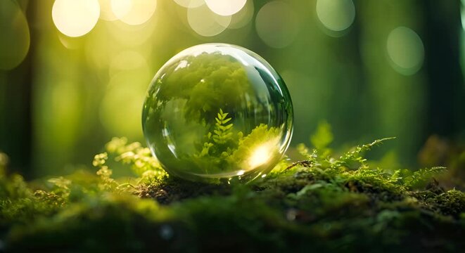 A crystal ball resting on moss in the forest, reflecting the surrounding ferns and greenery with sunlight flares.