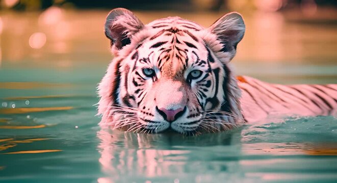 A majestic white tiger swimming, its piercing blue eyes gazing intently ahead.