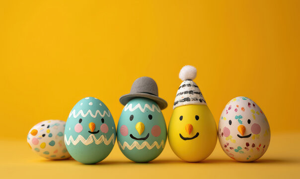 colorful easter eggs with cheerful faces ,family on yellow background