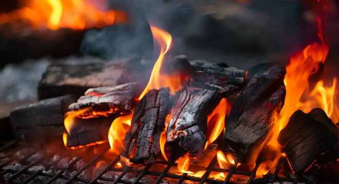 Close-up of blazing firewood with vivid orange flames and glowing embers.