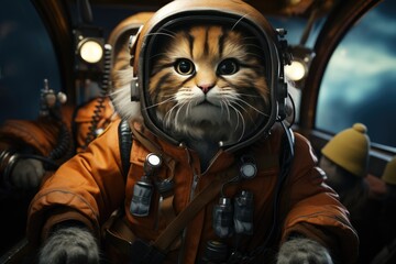 Fototapeta na wymiar Cats dressed in a pilot costume flying in an aircraft.