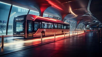 A sleek and modern long-distance bus at a futuristic bus terminal showcasing the latest in transportation technology. - obrazy, fototapety, plakaty