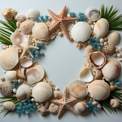 Fototapeta na wymiar A sea shell frame with various shells on white