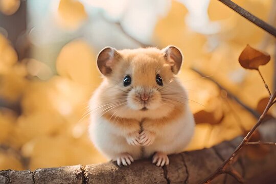A small, charming hamster with tan and white fur, perched on a branch with a golden leaves background.