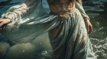 Detailed Shot of the Lady of the Lake's Flowing Robes, Capturing Realistic Fabric Textures and Movement, Lady, Photorealistic Shot