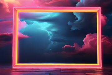 abstract minimal background with pink blue yellow neon light square frame with copy space, illuminated stormy clouds, glowing geometric shape Generative Ai