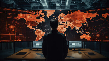 Person analyzes global data on a large digital world map, highlighting connections and hotspots, in a dark, modern control room.