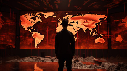 Geoeconomics and geopolitics: silhouette of a person with their back turned, looking at a world map on a screen to direct operations and control the future of countries.