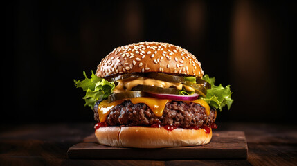 Close up view of Fresh tasty beef burger and french fries on wooden tray with seasoning on rustic table
