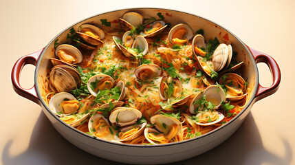 Spaghetti alle vongole with tomato in seafood jus served as close-up at a Nordic design bowl with copy space