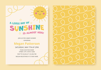 A little ray of sunshine is almost here baby shower invitation template with cartoon cute sun. Vector illustration
