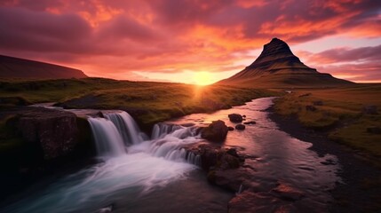 Naklejka premium Dramatic view on Kirkjufellsfoss waterfall near Kirkju Ai Generative
